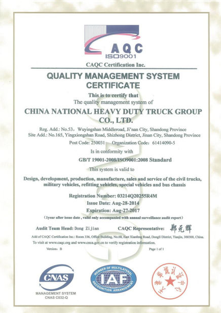 CHINA Jinan Heavy Truck Import &amp; Export Co., Ltd. Zertifizierungen